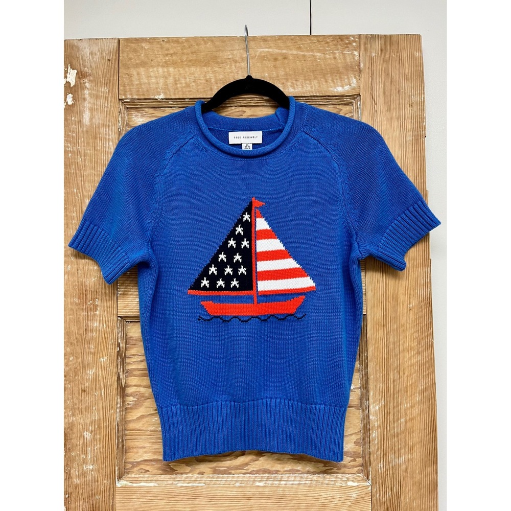 Free Assembly Sweater XS Blue Nautical Sailboat Yacht Club Americana Patriotic